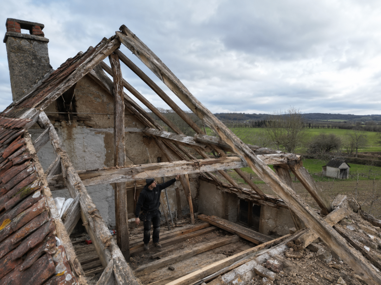 Charpente ancienne mise à nu avant rénovation complète
